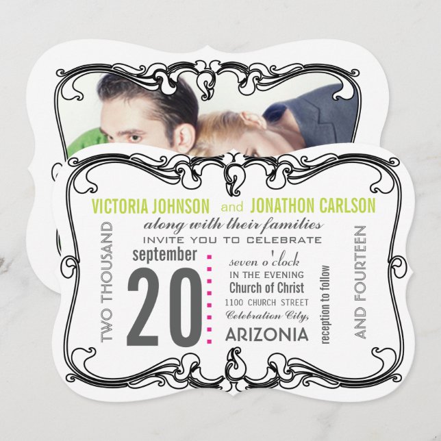 Seu Convite de casamento Moderno Deco Art Fotográf (Frente/Verso)