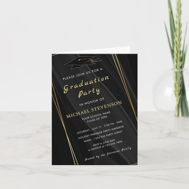 Seu Convite de Formatura em Preto Dourado com Info (Frente)
