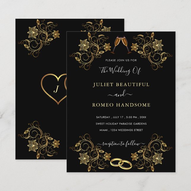 Seu Modelo de Convite de Casamento Floral Ouro Pre (Frente/Verso)