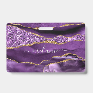 Seu nome Crachá Agate Roxo Violeta Dourada Marble