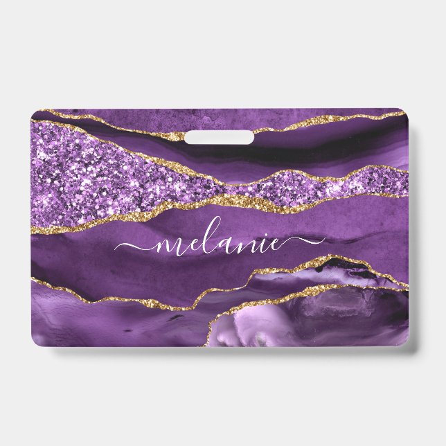 Seu nome Crachá Agate Roxo Violeta Dourada Marble (Frente)