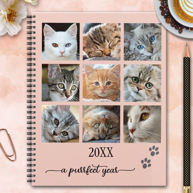 Seu Planejador de Gatos de Colagem de Fotos (Planner featuring your custom (cat) photos framed by a simple pink design with cute paw prints)