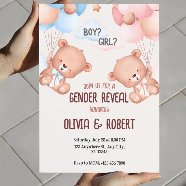 Sexo do Urso de Teddy Revela Balões de Convite (Gender Reveal Invitation Template Teddy Bear Gender Reveal Invitation)