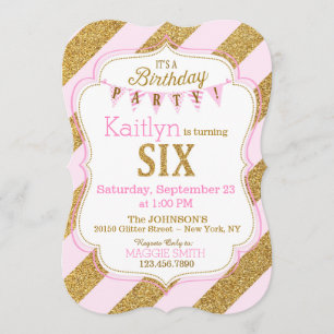 Sexto Convite de Aniversário, Glitter Dourado Rosa