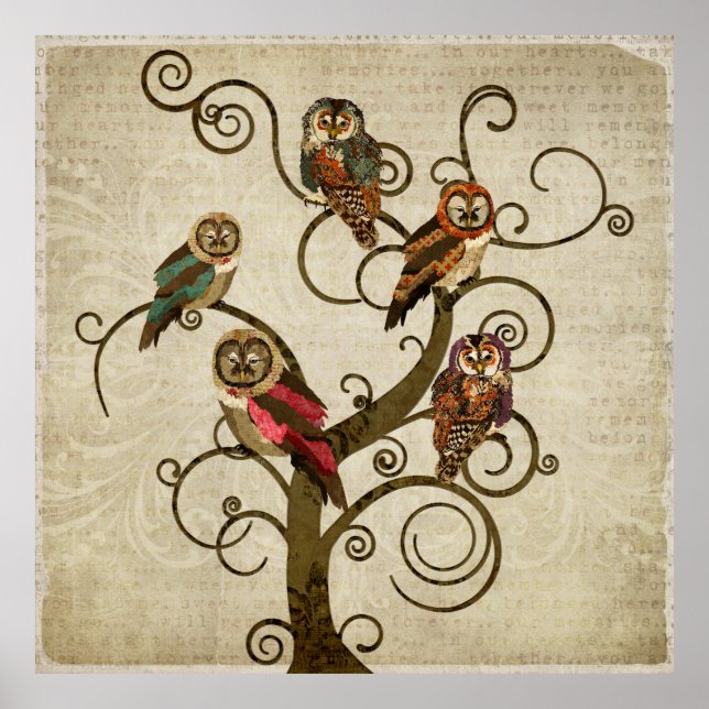 Shabby Owl Tree Art Poster (Frente)