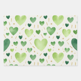 Shades of Green Watercolor Hearts and Gold Glitter