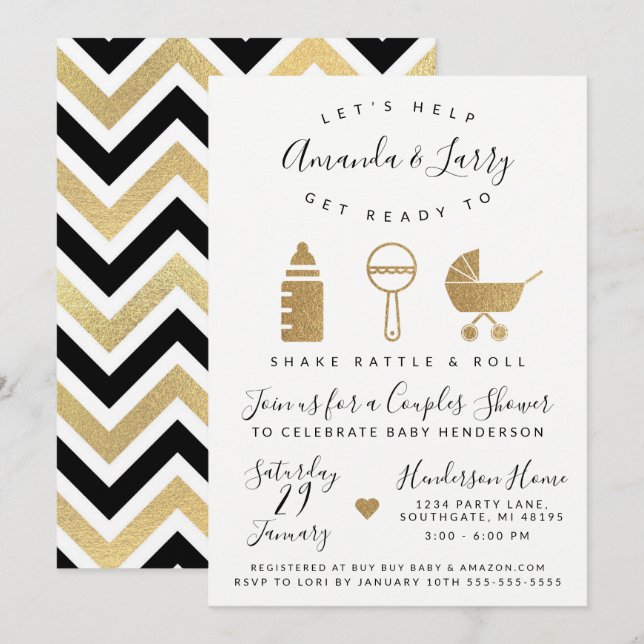 Shake Rattle and Roll Chá de fraldas Convite (Frente/Verso)