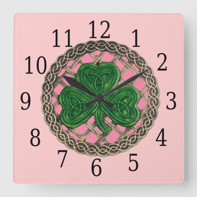 Shamrock Cor-De-Rosa E Nódulos Celtas Relógio Quad (Frente)