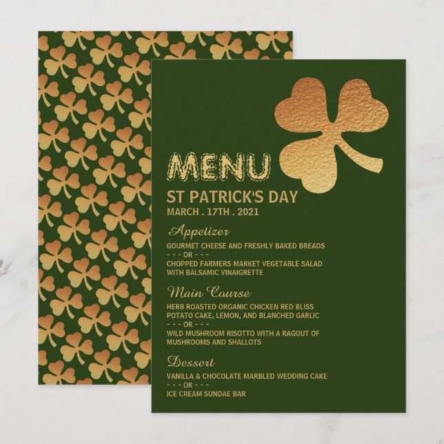 Shamrock Gold Foil, Cartão de Menu de Dia de São P (Frente/Verso)