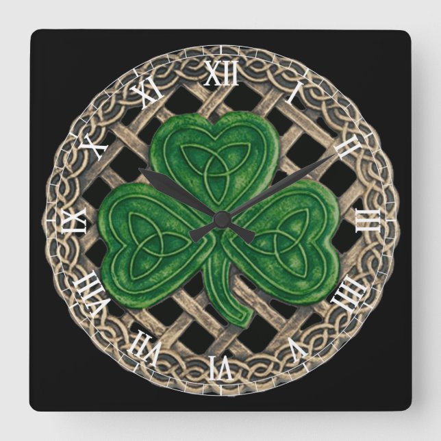 Shamrock Preto e Números Celtas Relógio (Frente)