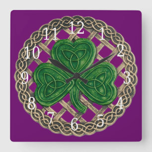 Shamrock Roxo E Nódulos Celtas Relógio Quadrado