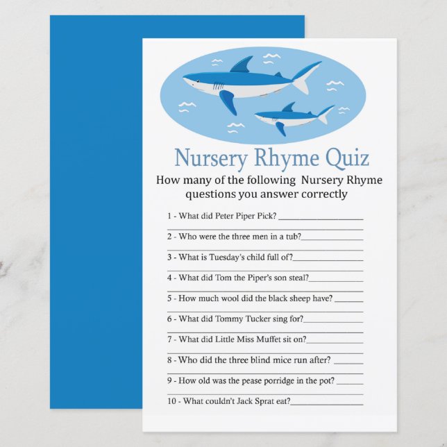 Shark Nursery Rhyme jogo de chá de fraldas do Quiz (Frente/Verso)