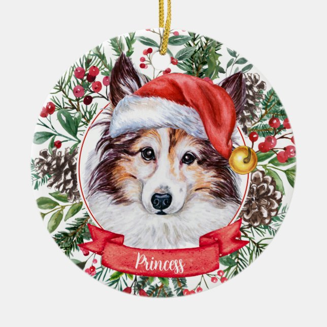 Sheltie Dog Enfeites de natal de Santa Hat Persona (Frente)