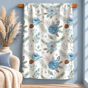 Sherpa Belas Flores de Inverno em Aquarela Cobertor Azul