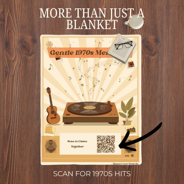 Sherpa Cobertor com Código QR Escaneável de Terapia Music (Retro 1970s music therapy themed blanket with a functional scannable QR code in the corner.)