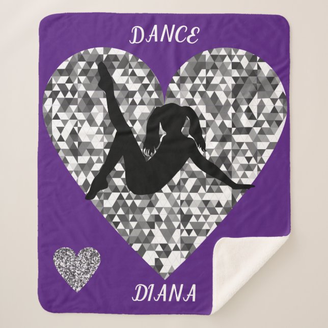 Sherpa cobertor de Dança Roxo com um coração prateado cin (Frente)