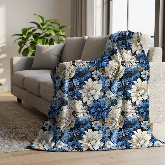 Sherpa Cobertor de Fleece Floral Branco Marfim Azul Glam  (Glam Blue White Ivory Floral Cozy Fleece Blanket)