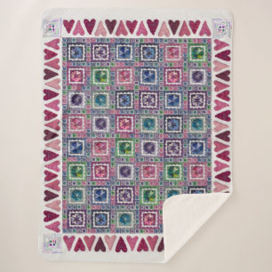 Sherpa Cobertor de Fleece Patchwork Corações Emoldurados