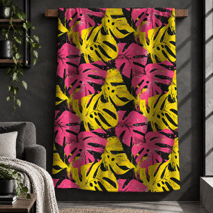 Sherpa Cobertor de Folhas da Selva Rosa Neon Verde Neon E