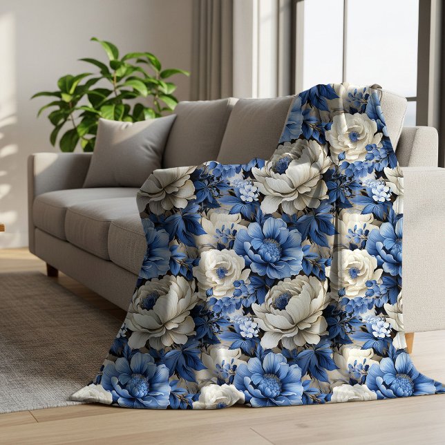 Sherpa Cobertor de Lançar Floral Branco Azul Moderno em I (Modern Blue White Floral Ivory Cozy Throw Blanket)