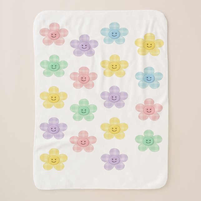 Sherpa Cobertor Fofo Flores Sorrindo Xadrez Pastel  (Frente)