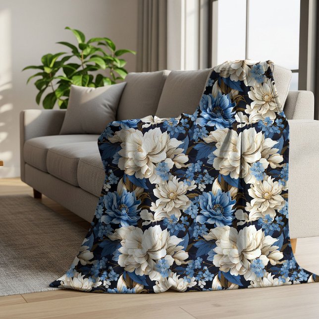 Sherpa Cobertor Macio e Aconchegante com Flores de Marfim (Trendy Blue Ivory Floral Cozy Soft Throw Blanket)