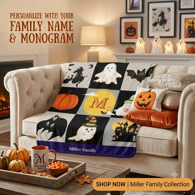 Sherpa Cobertor Personalizado de Halloween com Nome e Mon (Criador carregado)