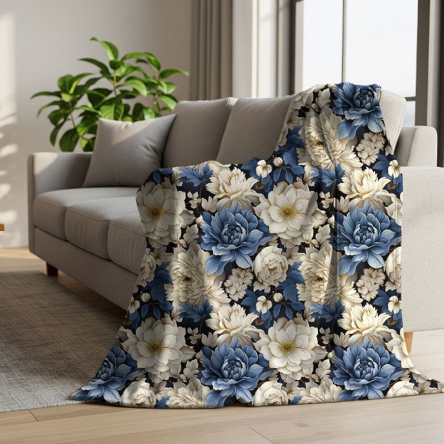 Sherpa Cobertor Premium Azul Branco Marfim Floral Aconche (Premium Blue White Ivory Floral Cozy Throw Blanket)