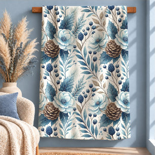 Sherpa Lindo Cobertor Floral de Inverno Azul com Pinhas