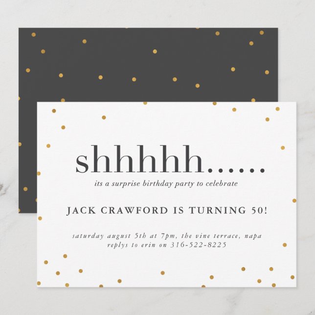 Shhhh, convite de aniversário surpresa (Frente/Verso)