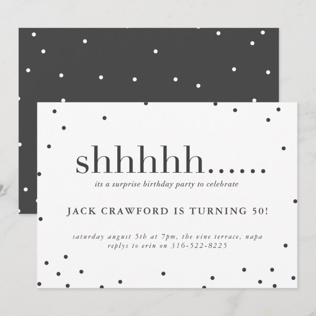 Shhhhh, convite de aniversário da surpresa (Frente/Verso)