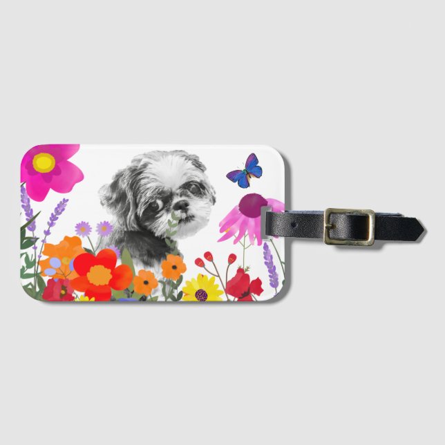 Shih Tzu em Flores Etiqueta de Bagagem (Frente Horizontal)