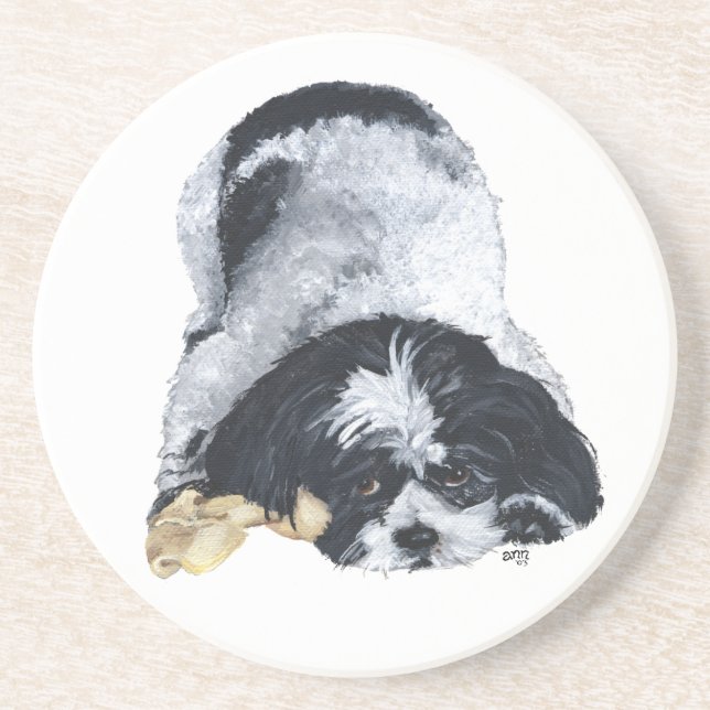 Shih Tzu Preto e Branco em Porta-copos de Arenito (Frente)
