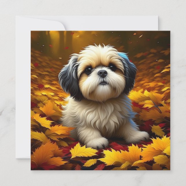 Shih Tzu Puppy Dog Brincando em Folhas de outono (Frente)
