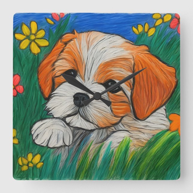 Shihtzu crayon olha o relógio de arte (Frente)