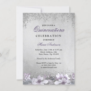 Shimmer Quinceanera Silver Floral Roxo Convite