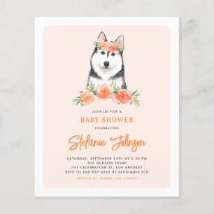Siberian Husky Peach Floral Chá de fraldas Convite