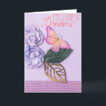 Siga seu cartão dos sonhos<br><div class="desc">Este cartão bonito é presente perfeito para uma menina do aniversário. Mostre sua filha, filha da etapa, neta ou sobrinha que você os ama e o pensa delas em seu dia especial. Este cartão tem um fundo roxo com flores roxas, uma borboleta colorida e as palavras "seguem seus sonhos" escritos...</div>