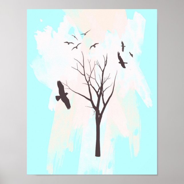 Silhouette de Árvore com Aves - Poster (Frente)