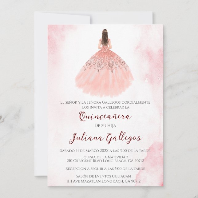 Silhueta rosa Dusty Quinceanera convite (Frente)