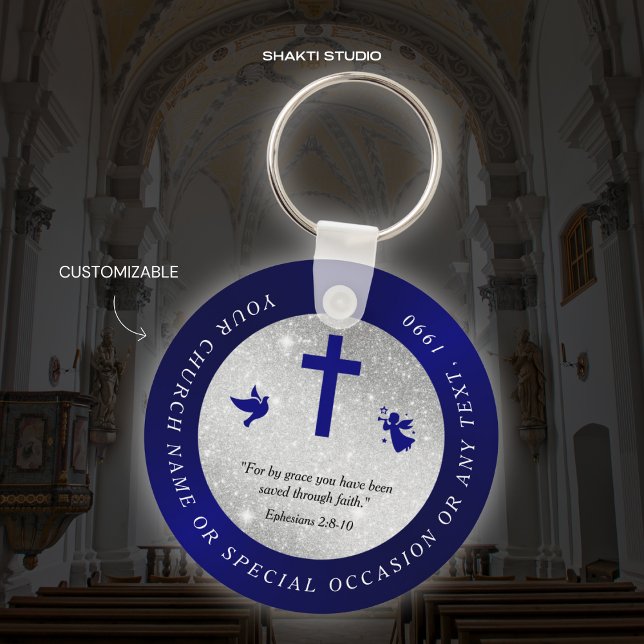Silver Blue Church Christian Souvenir Chaveiro (Criador carregado)