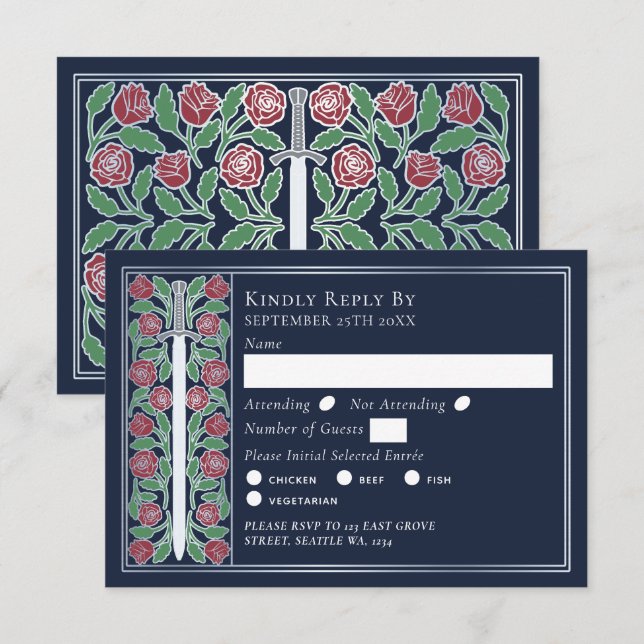 Silver Blue Medieval Floral Sword Wedding RSVP (Frente/Verso)