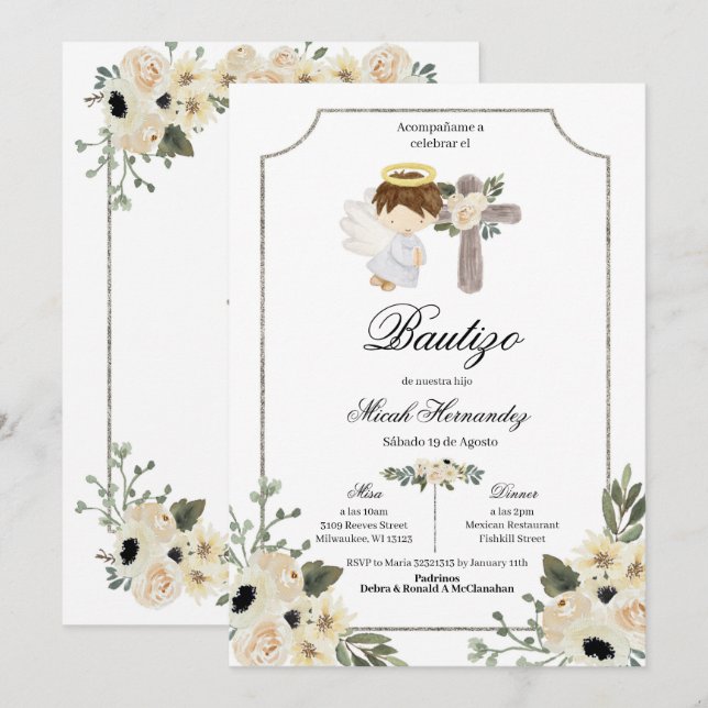 Silver Cross Mi Bautizo Convite Floral (Frente/Verso)