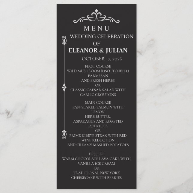 Silver Elegance Collection Wedding Menu Card (Frente)