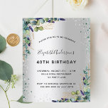 Silver eucalyptus greenery convite de aniversário<br><div class="desc">Fundo de aspecto fino prateado decorado com verde de eucalipto,  folhagem de ouro e brilho verde e prata,  faíscas. Personalize e adicione seu nome e detalhes da festa. Letras negras.</div>