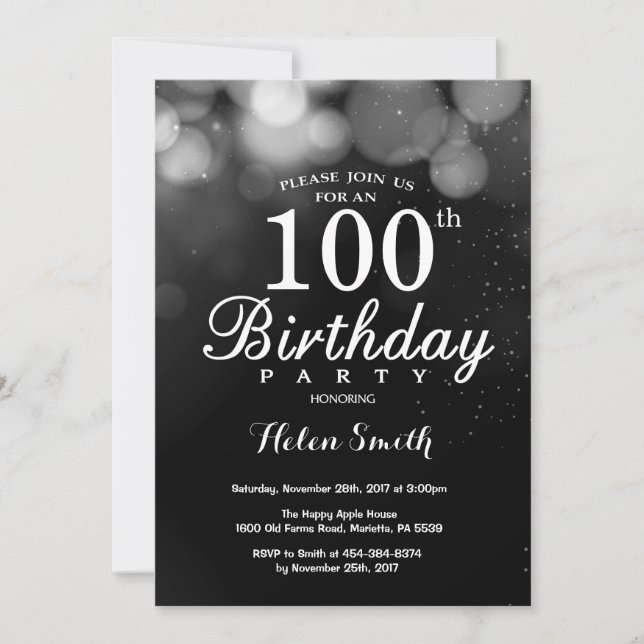 Silver Glitter 100º Cartão de Convite de Aniversár (Frente)
