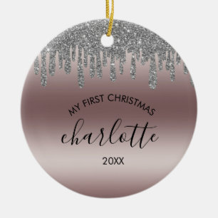 Silver Glitter Meu Primeiro Ornamento Cerâmico De