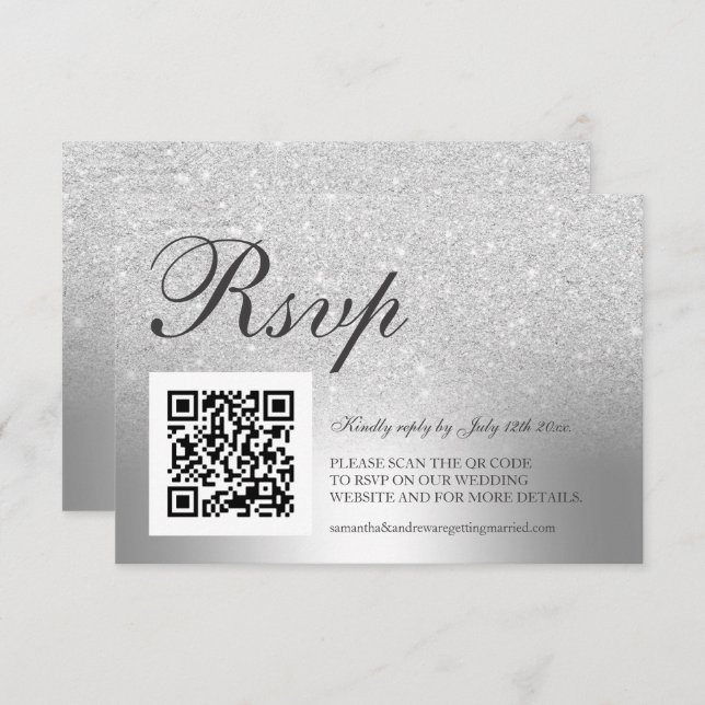 Silver glitter ombre Foil RSVP Qr code casamento (Frente/Verso)