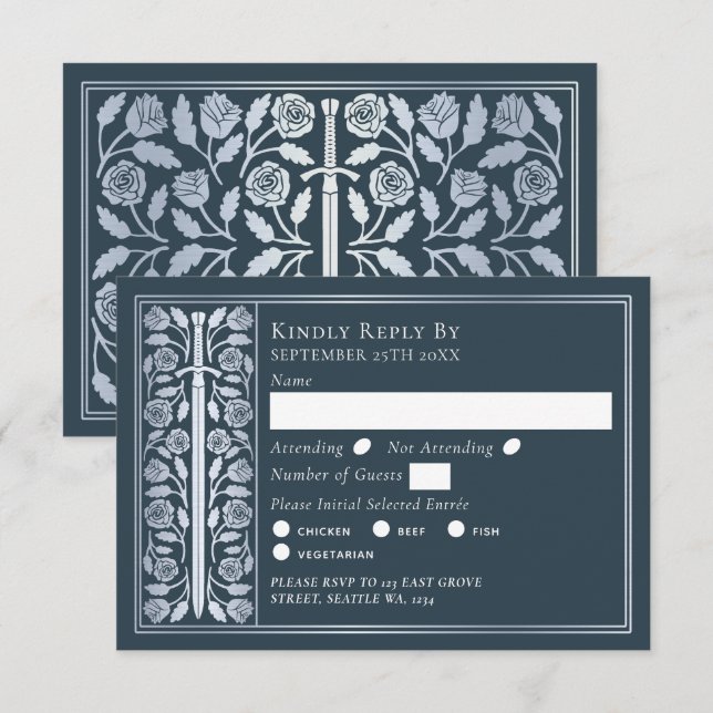 Silver Gray Medieval Sword Wedding RSVP (Frente/Verso)