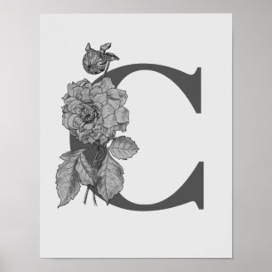 Silver Peony Elegant Monograma Inicial C Poster